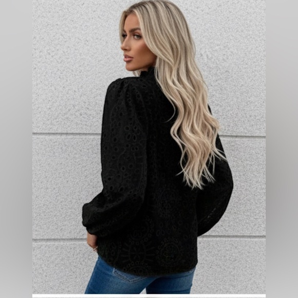 Notched Neckline Lantern Sleeve Eyelet Embroidery Blouse Black - Picture 2 of 10